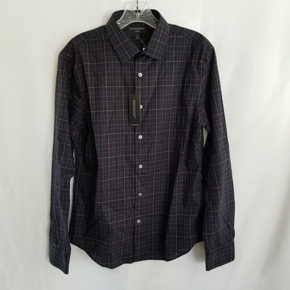 Banana Republic Men's Blue Plaid Long Sleeve Cotton Untucked Shirt Size Small